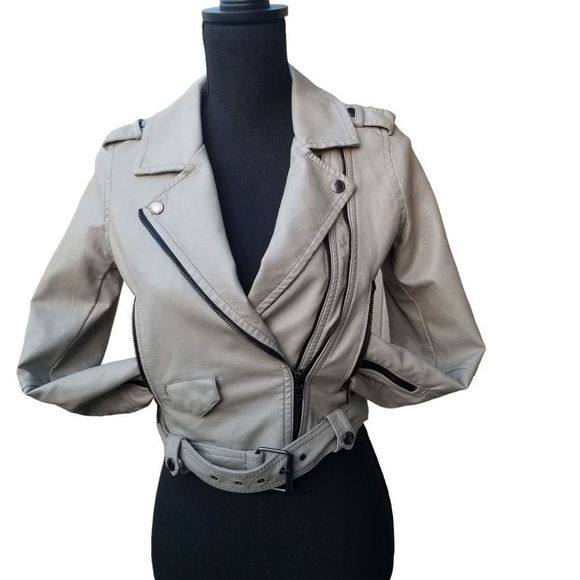 Blank Nyc GIRL’S Gray Full Zip Belted Faux Leather Moto Jacket Size Large - Picture 11 of 16